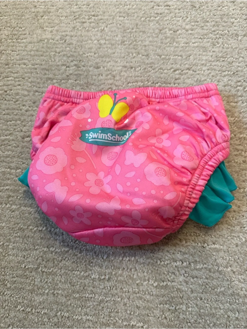 Pink Floral Girls' Swim Diaper Cover with Teal Ruffles